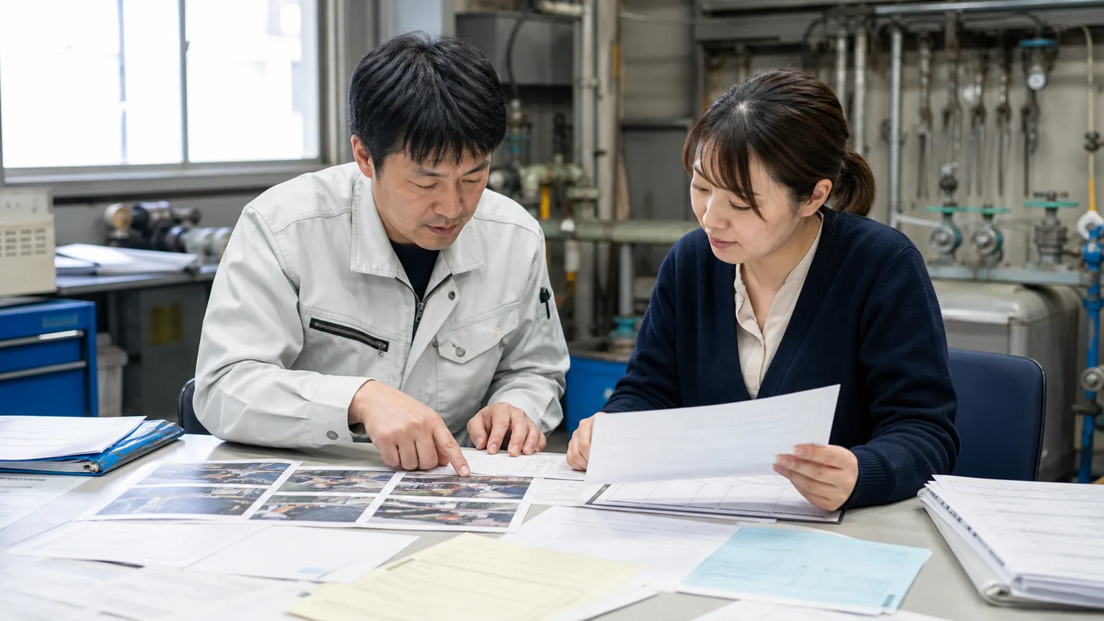 知多市の製造設備会社で工事進捗と設備別原価を確認する経営者と経理担当者
