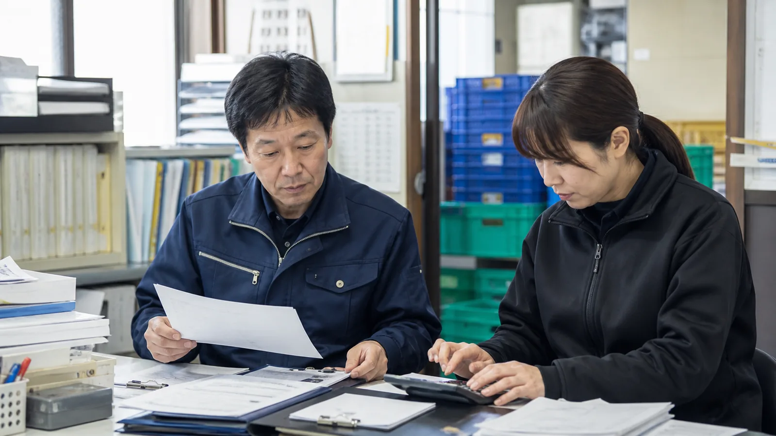 東浦町の製造販売会社で商品在庫と店舗売上を確認する経営者と経理担当者