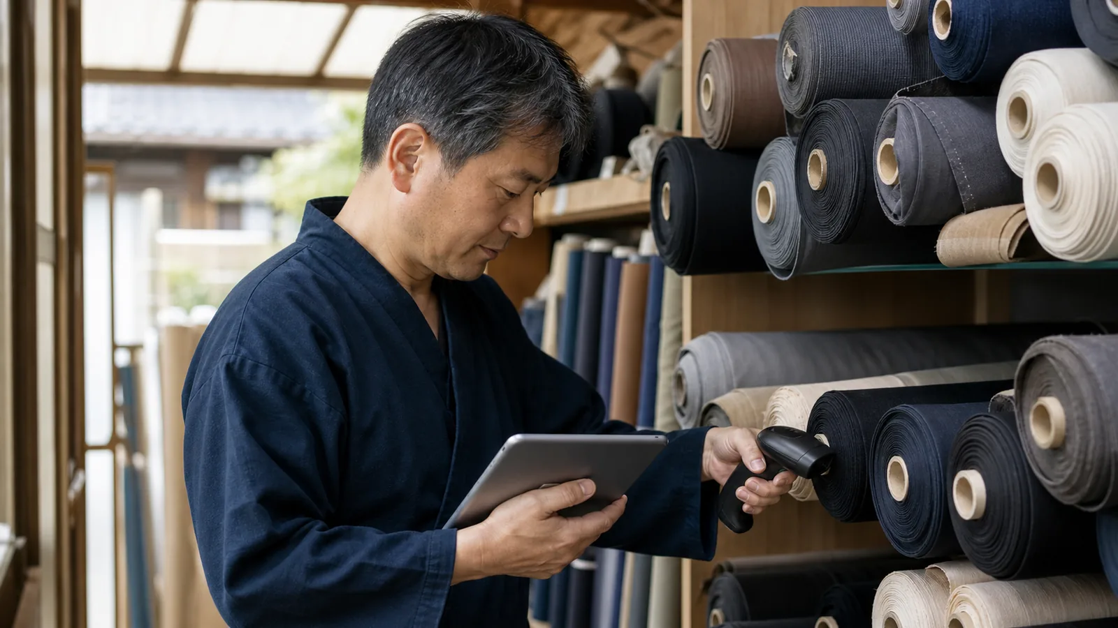 一宮市の繊維事業者と経理代行担当者が在庫と受注別粗利を確認する様子