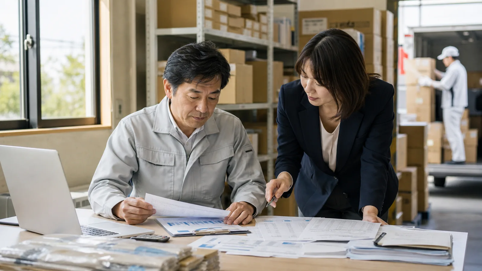 蟹江町の製造卸売会社で倉庫在庫と配送と入金予定を確認する経営者と経理担当者