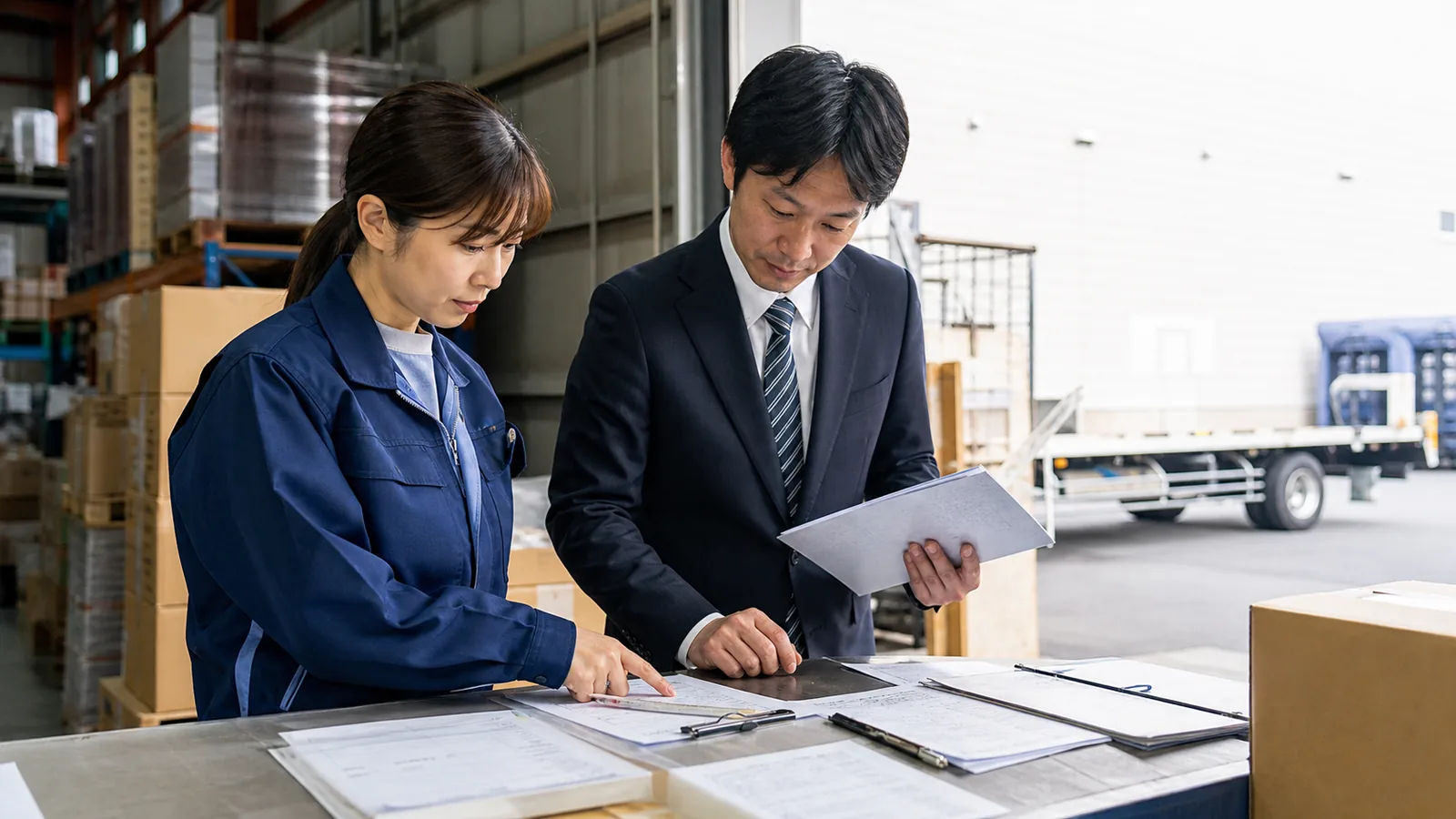 清須市の製造物流会社で未検収案件と倉庫移動を確認する経営者と経理担当者