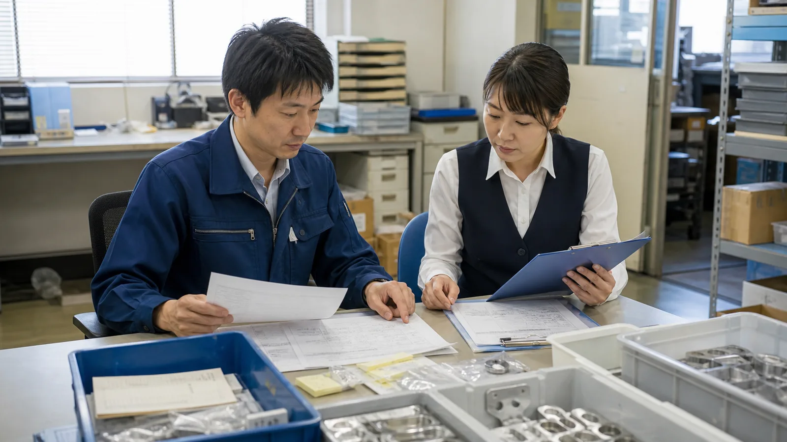 江南市の小規模製造会社で注文変更と案件原価を確認する経営者と経理担当者