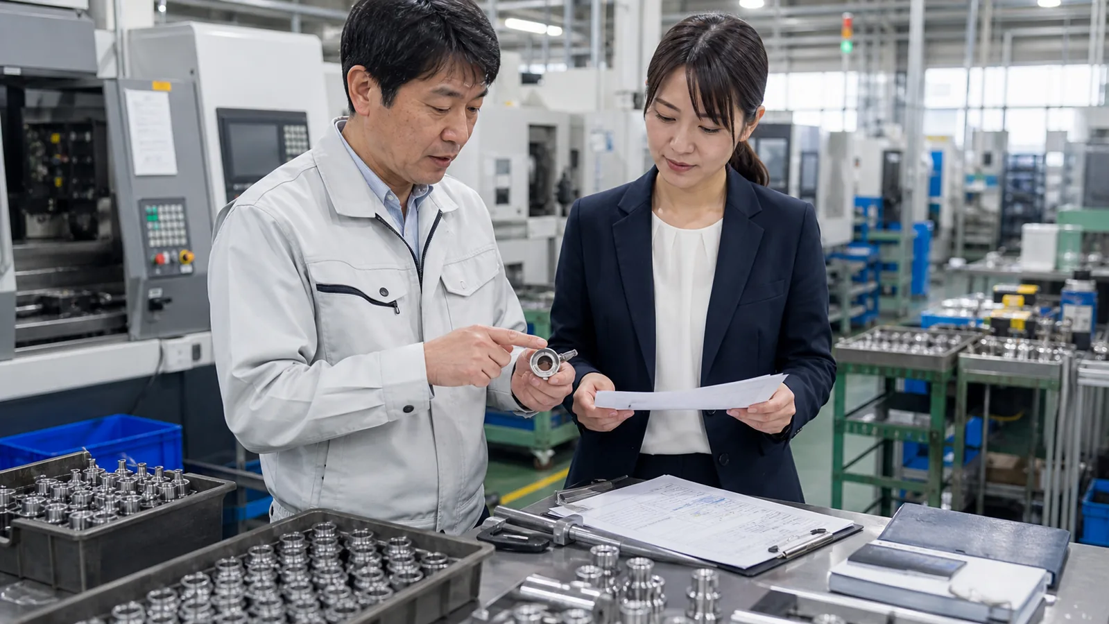 幸田町の精密部品工場で製品ロットと機械時間と原価を確認する工場責任者と経理担当者
