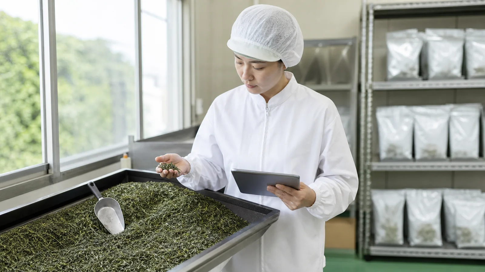 西尾市の食品製造事業者と経理代行担当者がロット原価と在庫資料を確認する様子