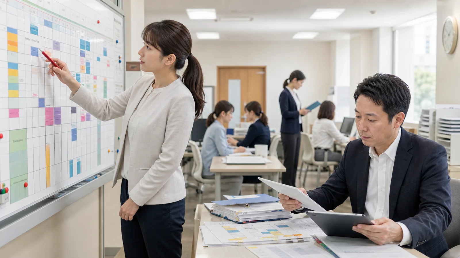日進市のサービス会社で部門別人件費と未請求を確認する経営者と経理担当者