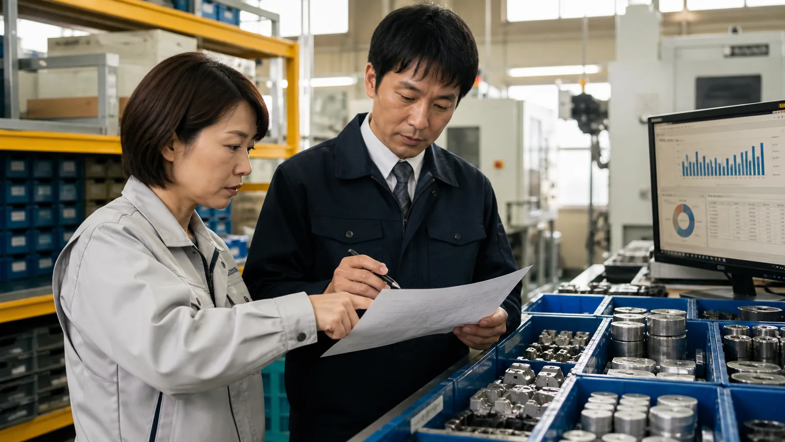 尾張旭市の製造会社で工程別原価と月次資料を確認する経営者と経理担当者