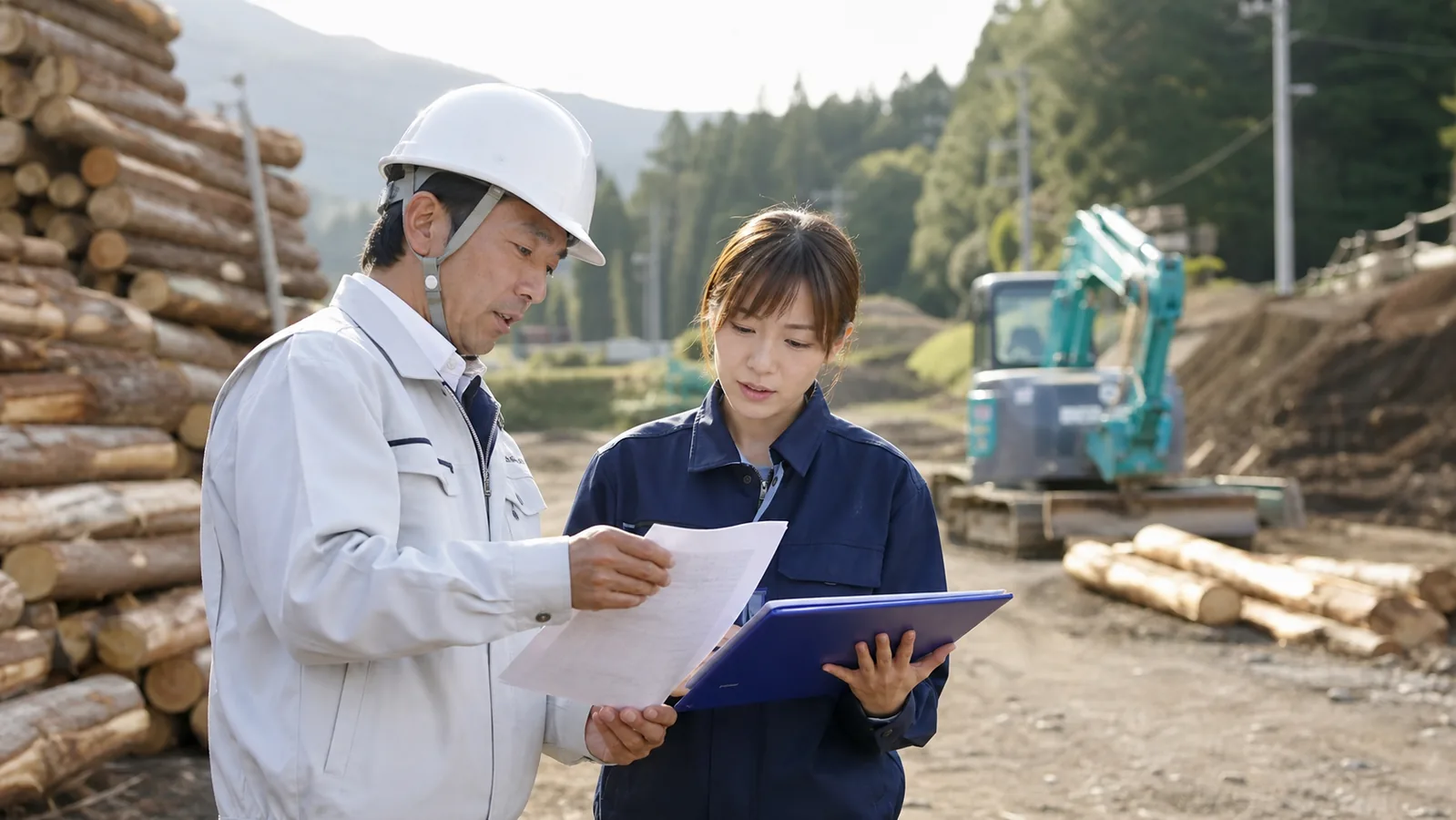 新城市の林業建設現場で木材ロットと工事進捗を確認する担当者