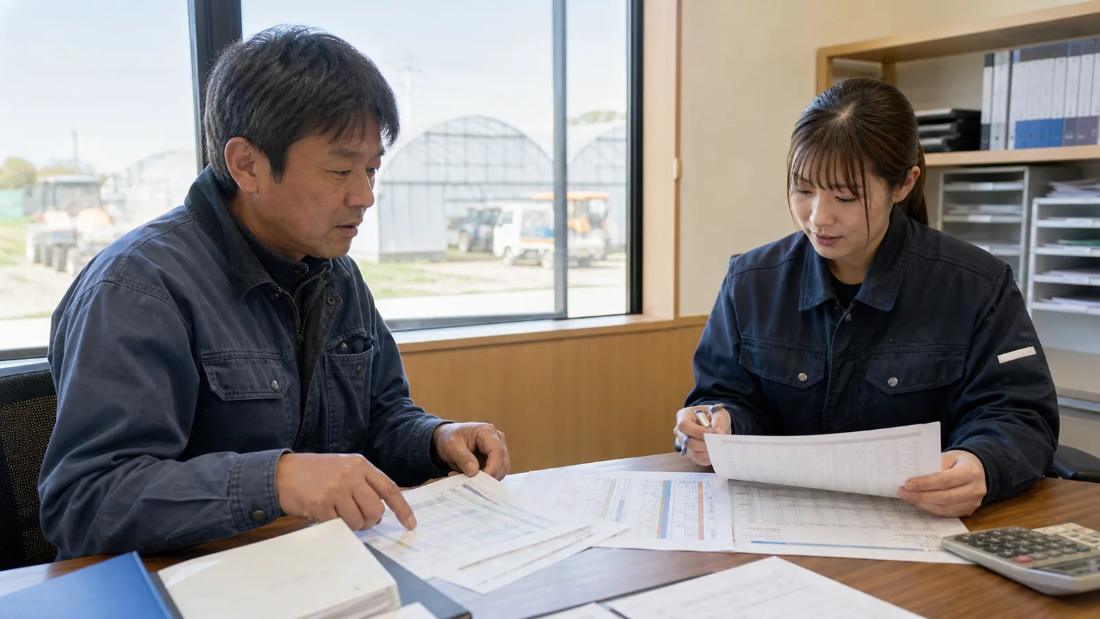 田原市の農業法人で生産原価と季節資金を確認する経営者と経理担当者