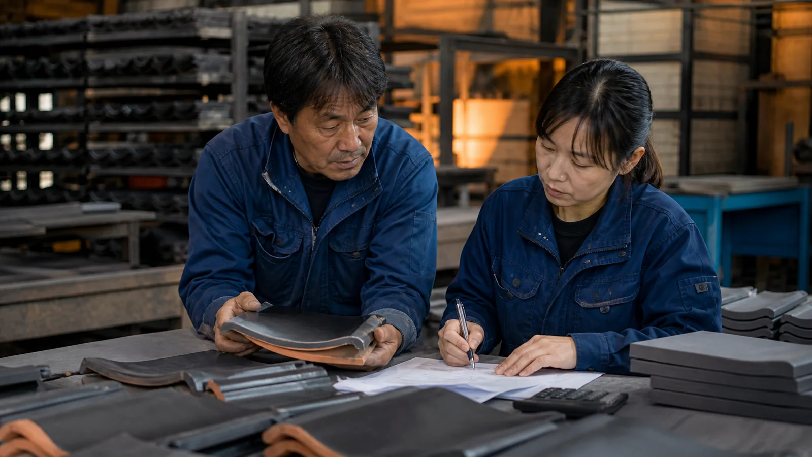 高浜市の瓦工場で窯ロット別歩留まりと原価を確認する製造責任者と経理担当者