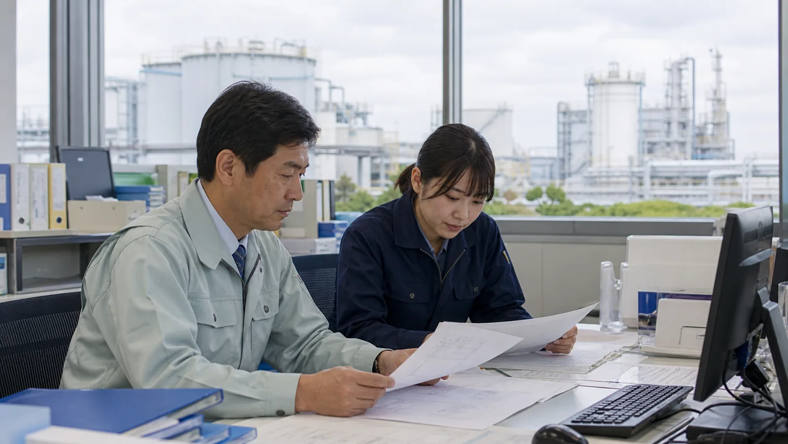 武豊町の臨海製造会社で原料在庫と出荷資料を確認する担当者