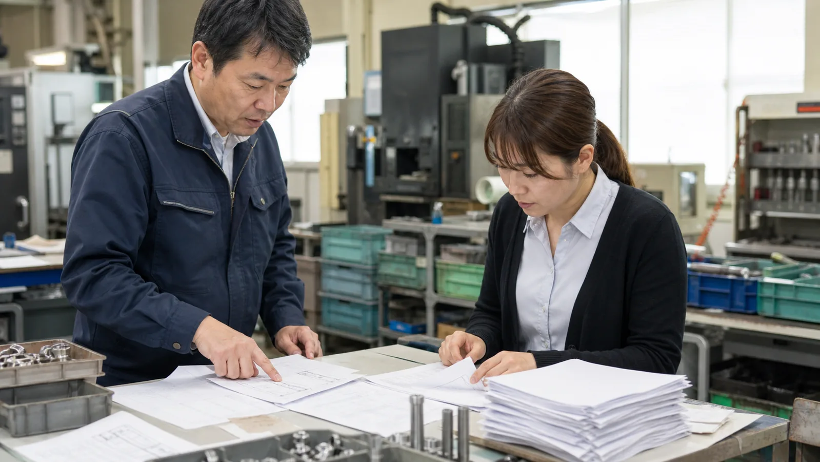 東郷町の製造会社で部品在庫と案件原価を確認する経営者と経理担当者