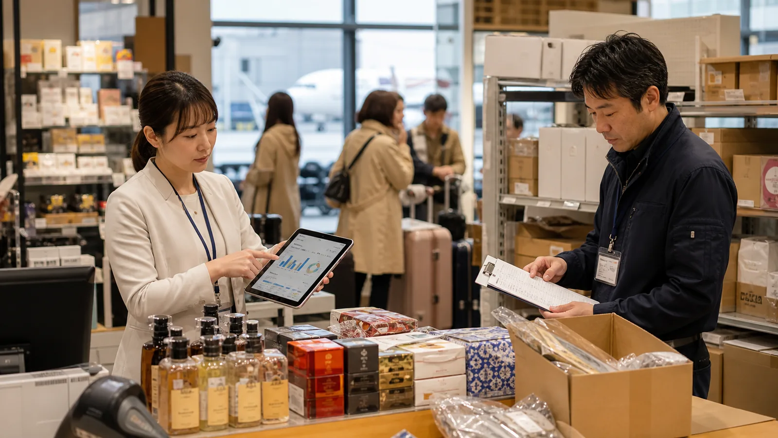 常滑市の空港関連サービス会社で予約売上と決済入金を確認する経営者と経理担当者