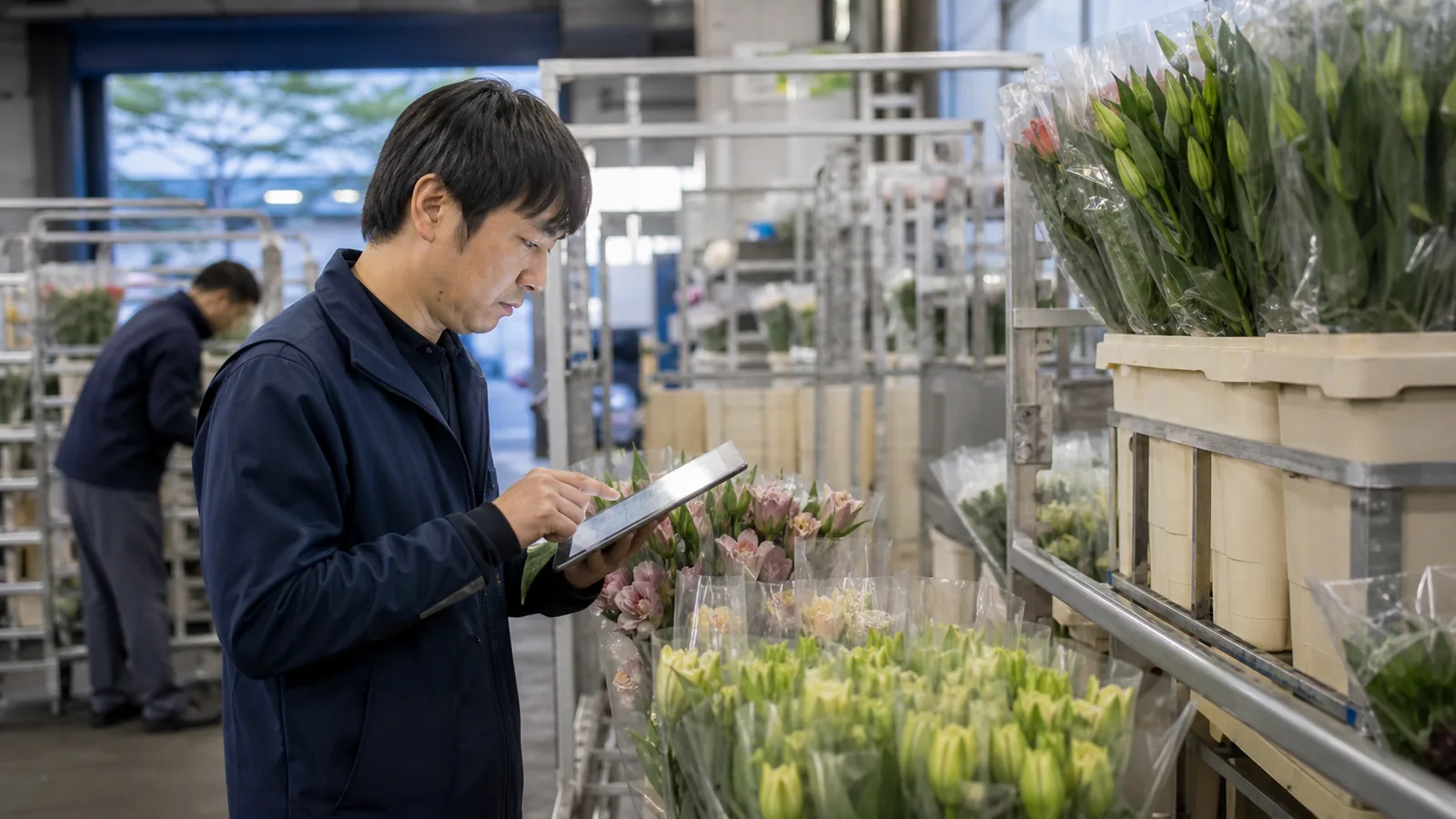 豊明市の卸売物流会社で経営者と経理担当者が仕入と在庫を確認する様子