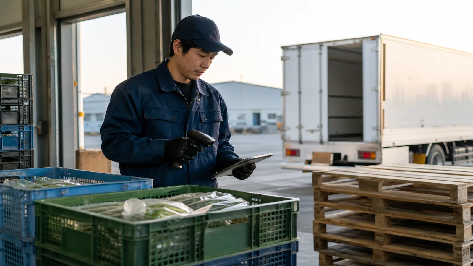 豊橋市の物流会社経営者と経理代行担当者が在庫・配送・資金資料を確認する様子