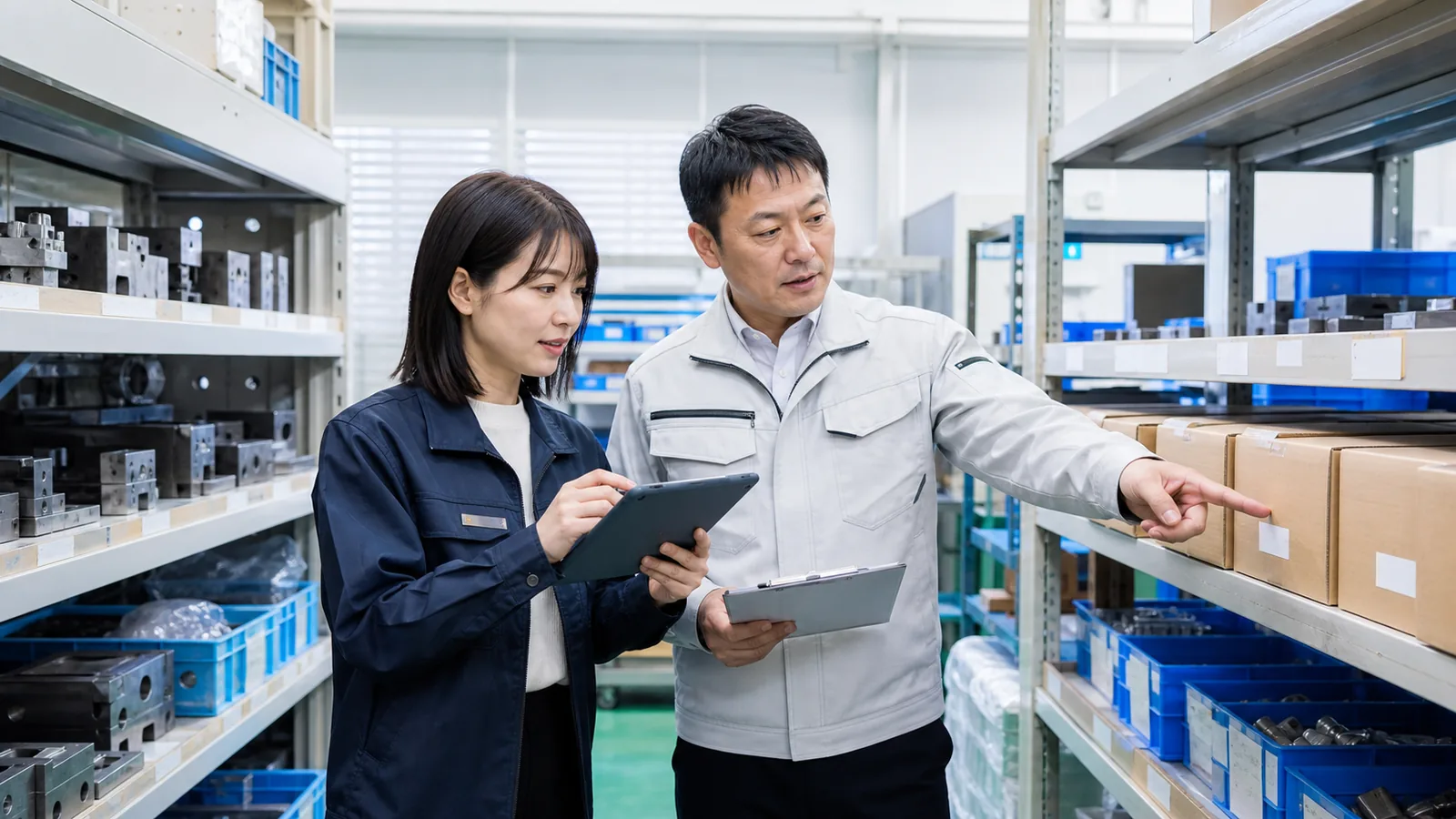 豊川市の製造会社で受注原価と在庫資料を確認する経営者と経理担当者