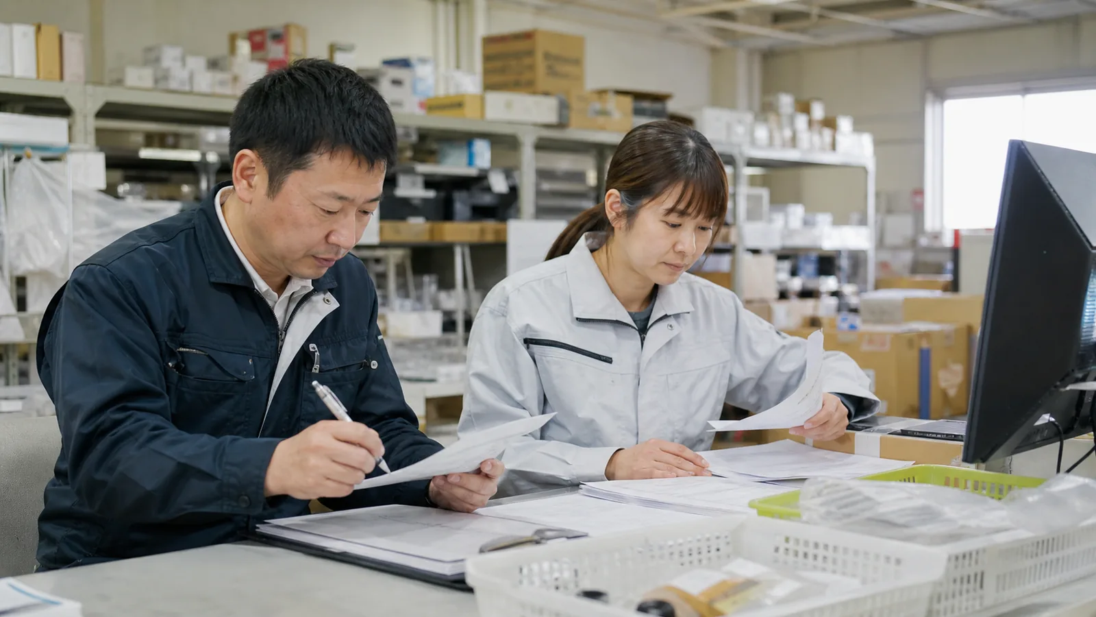 津島市の卸売小売会社で商品在庫と得意先別回収を確認する経営者と経理担当者