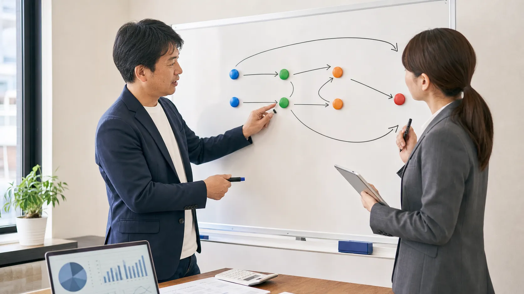 複数銀行口座の月次管理の管理表を確認する担当者