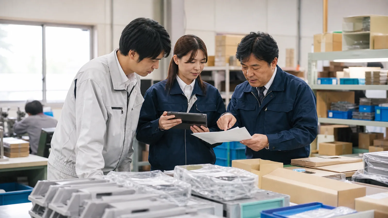 工場で部品と書類・タブレットを照合する担当者のイメージ