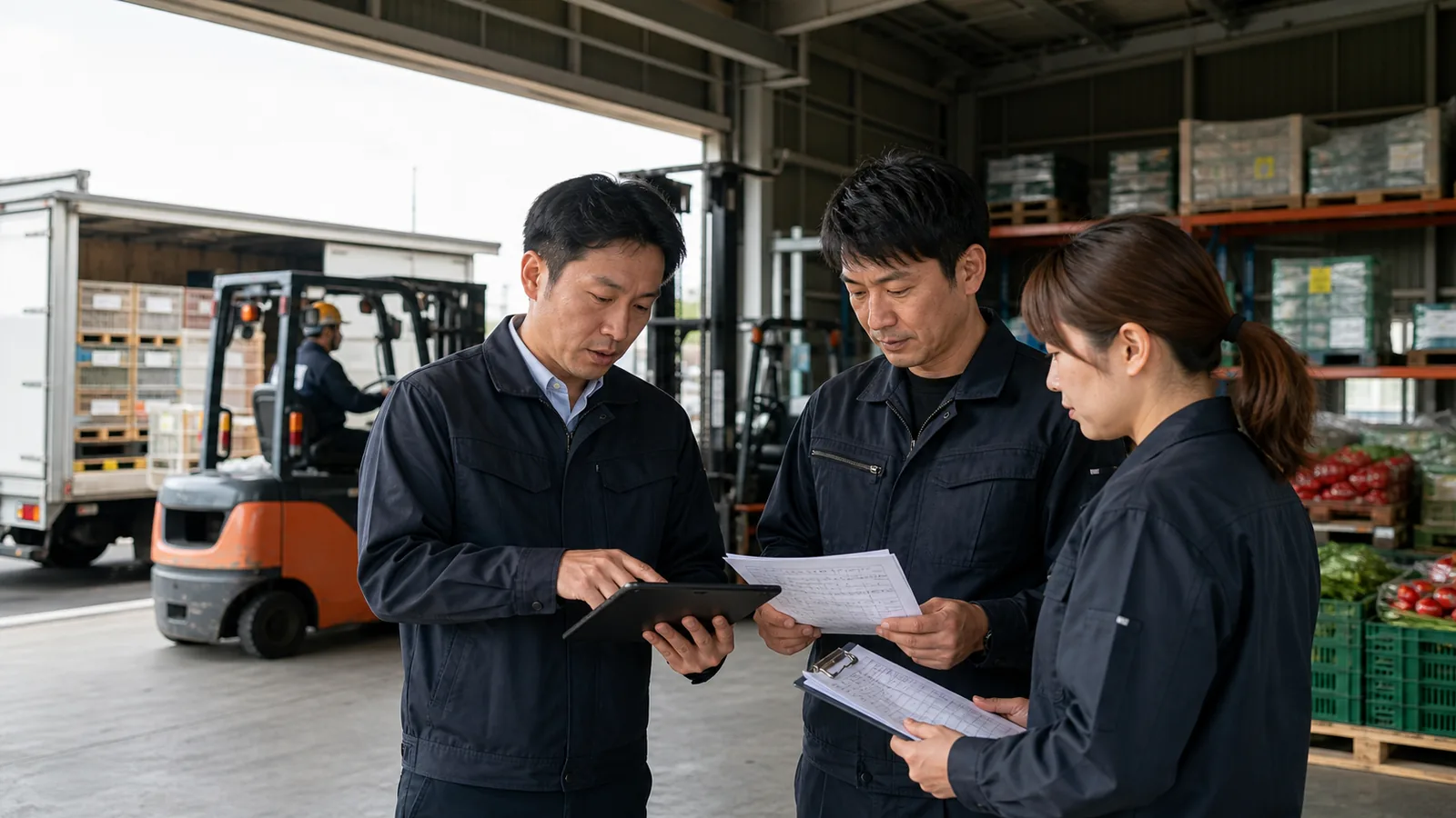 農産物を扱う倉庫で運行・入出庫資料を確認する担当者のイメージ