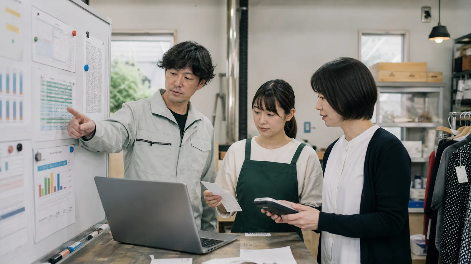 店舗で実績表と帳票を共有する複数部門の担当者のイメージ
