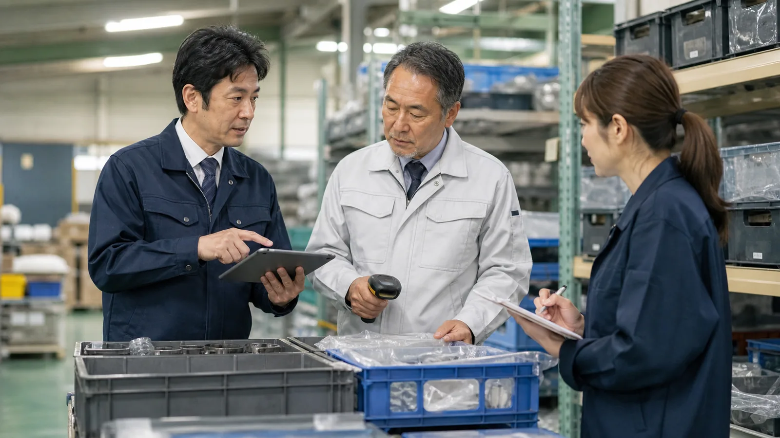 部品倉庫でスキャナーとタブレット・帳票を照合する担当者のイメージ