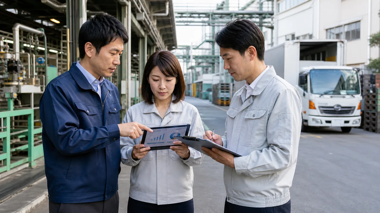 工場と配送車両の前で実績資料を確認する担当者のイメージ