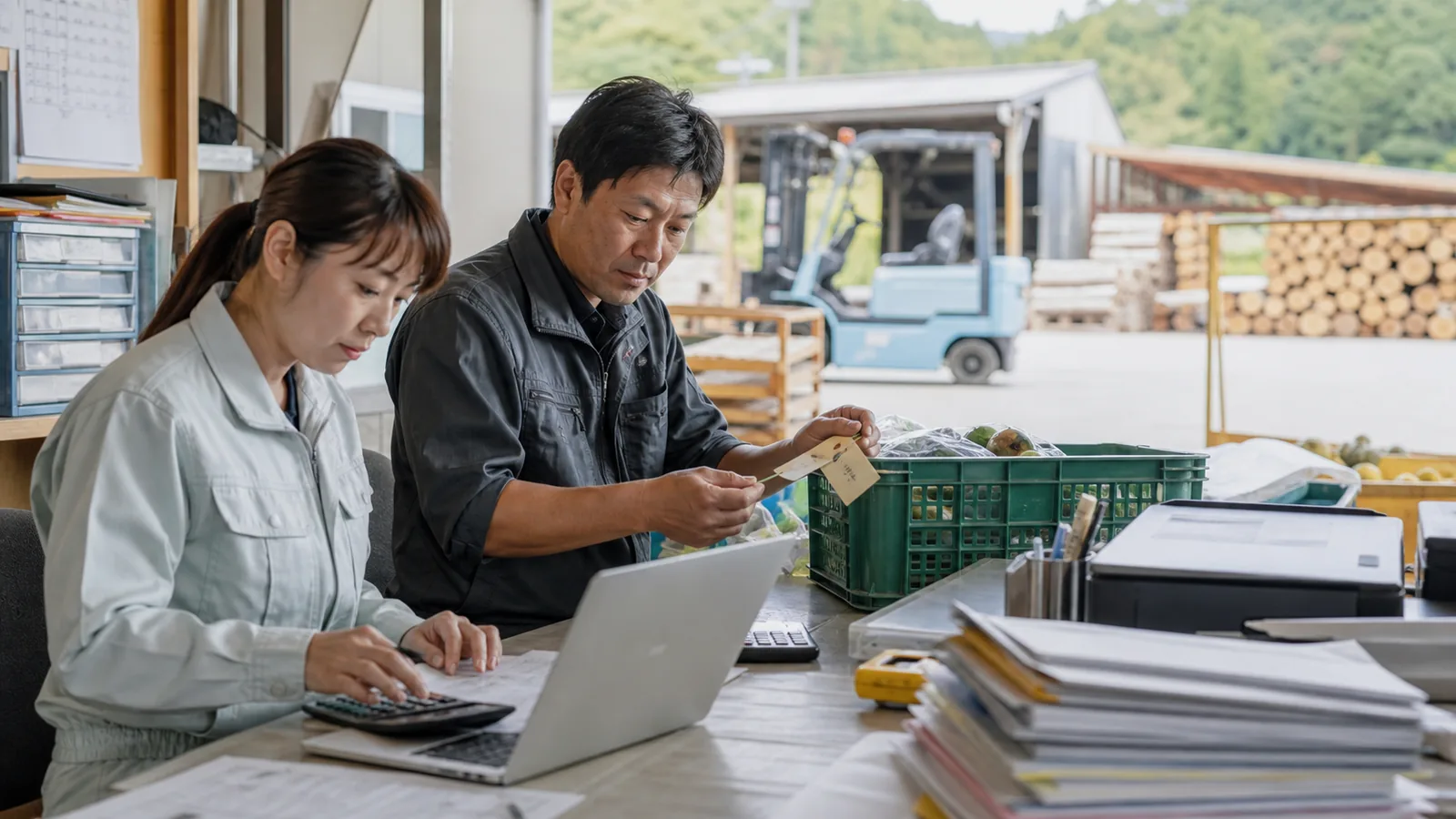 木材と農産物を扱う作業場で帳票を照合する担当者のイメージ