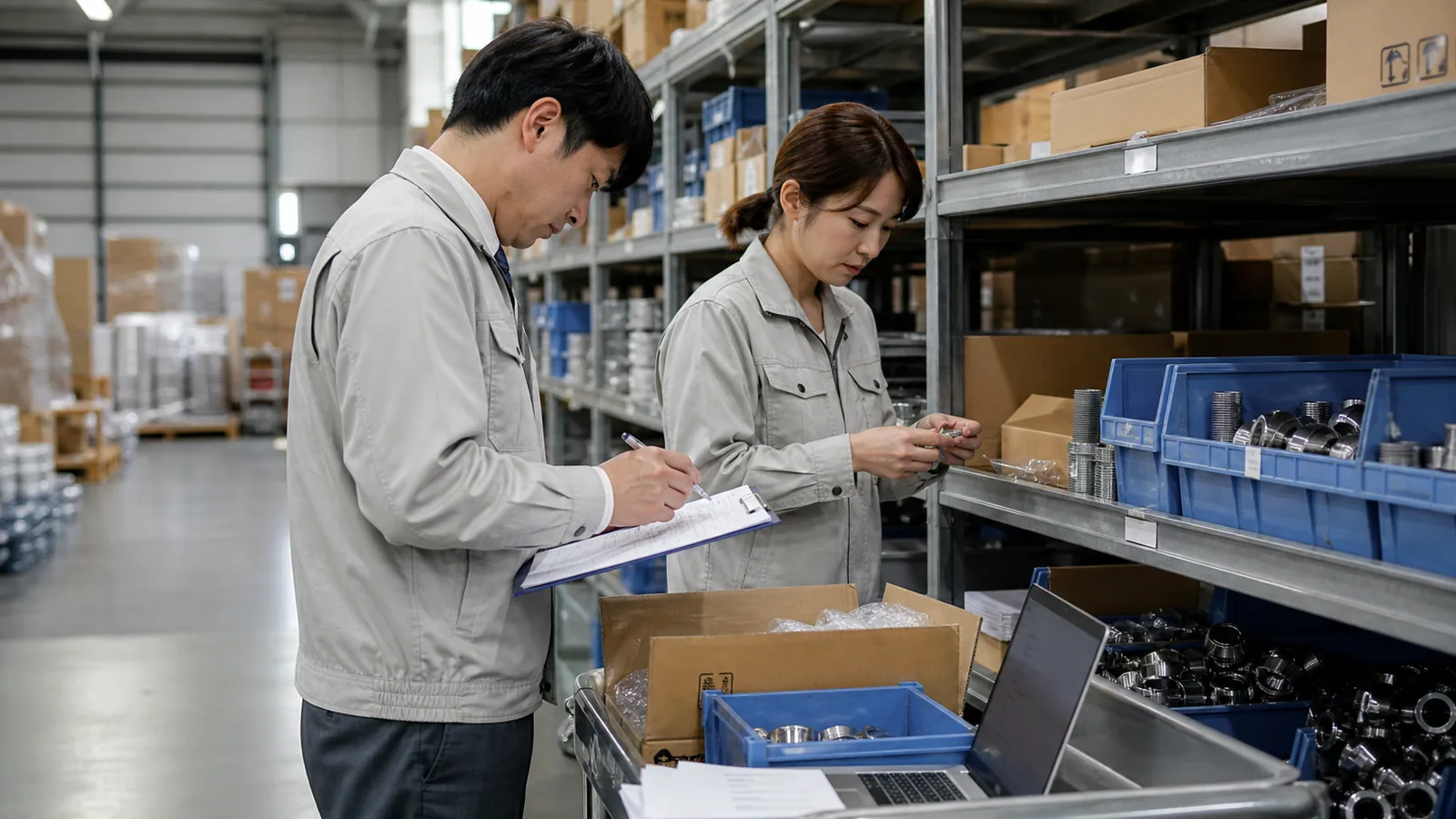 部品倉庫で現物と棚卸帳票を照合する担当者のイメージ