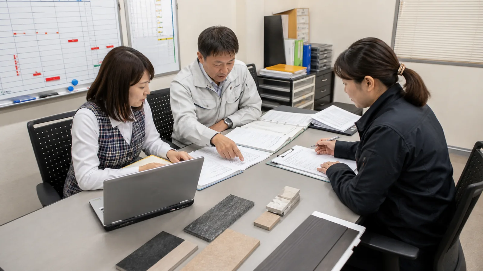 建材サンプルと作業資料を囲んで案件内容を確認する担当者のイメージ