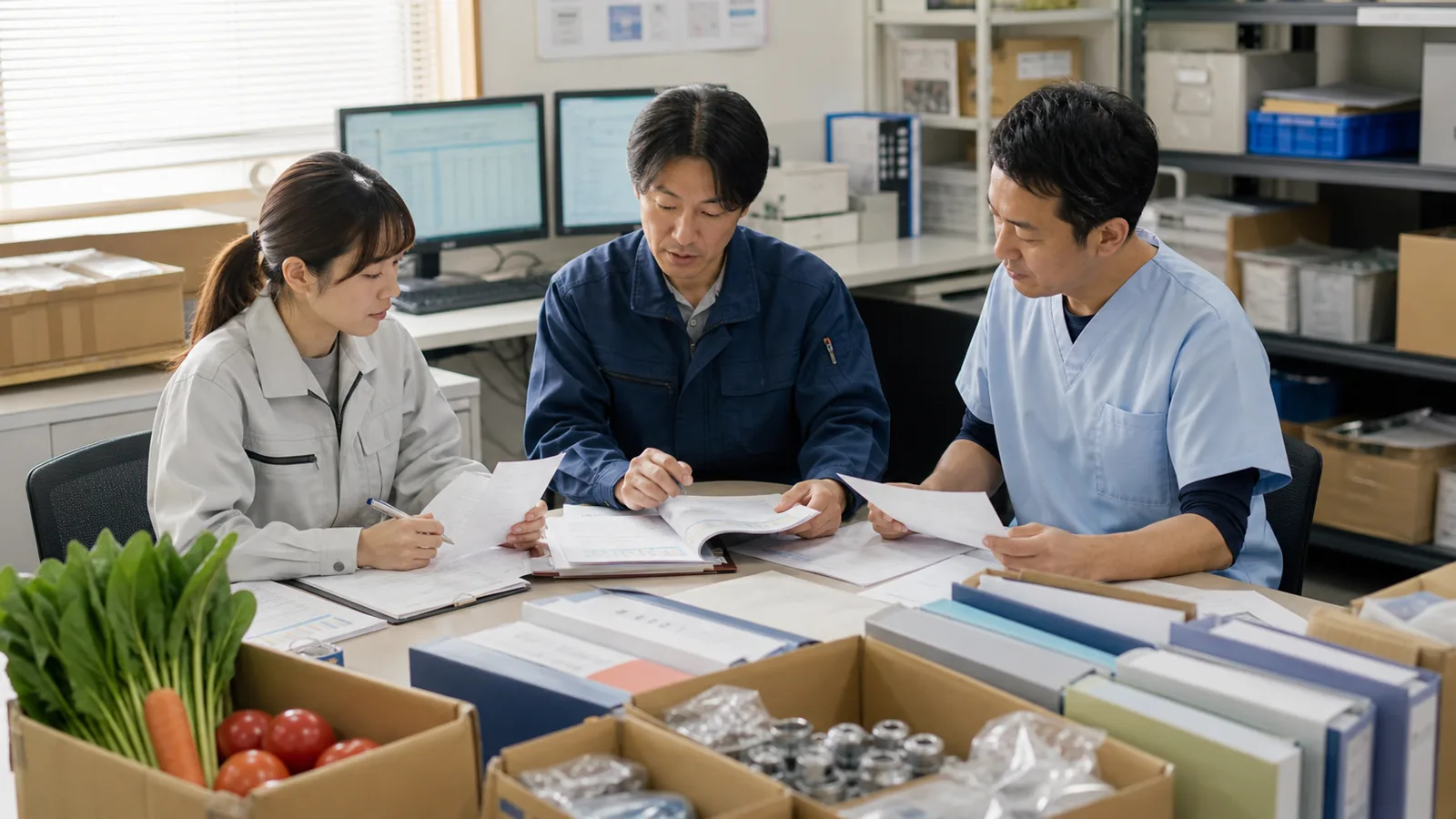 農産物や部品のある事務所で複数部門の担当者が資料を確認するイメージ