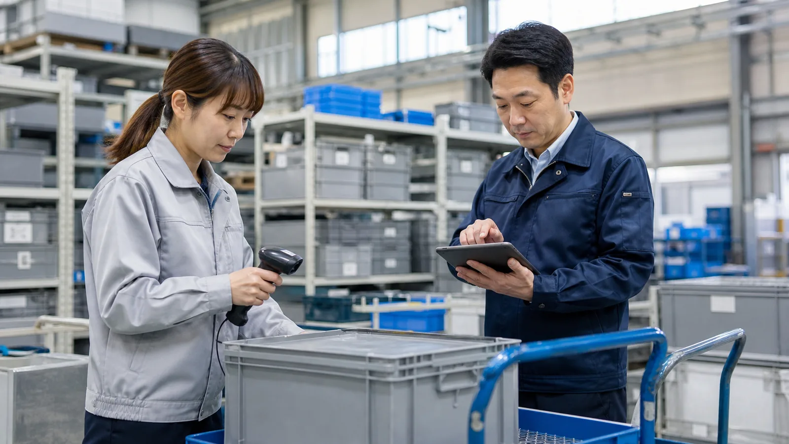 部品倉庫で識別ラベルとタブレットを照合する担当者のイメージ