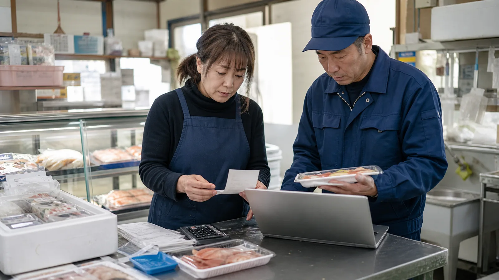 食品売場でパック商品と伝票を照合する担当者のイメージ