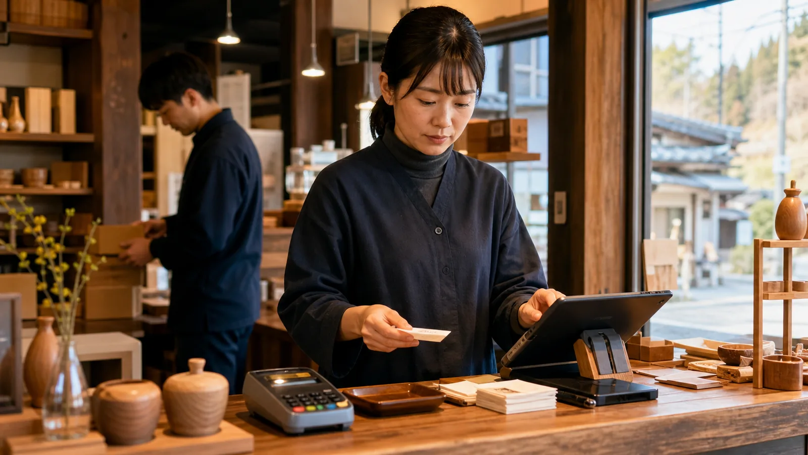 木工品のある店舗でレシートと決済端末を確認する担当者のイメージ