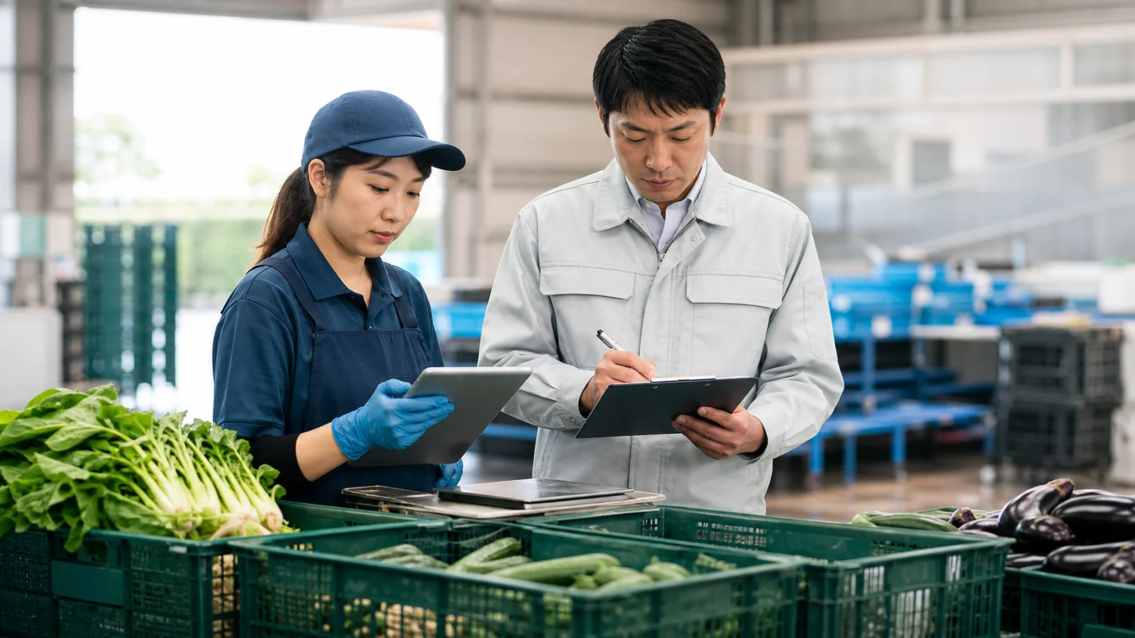 野菜の出荷場所で端末と記録を確認する二人の担当者のイメージ