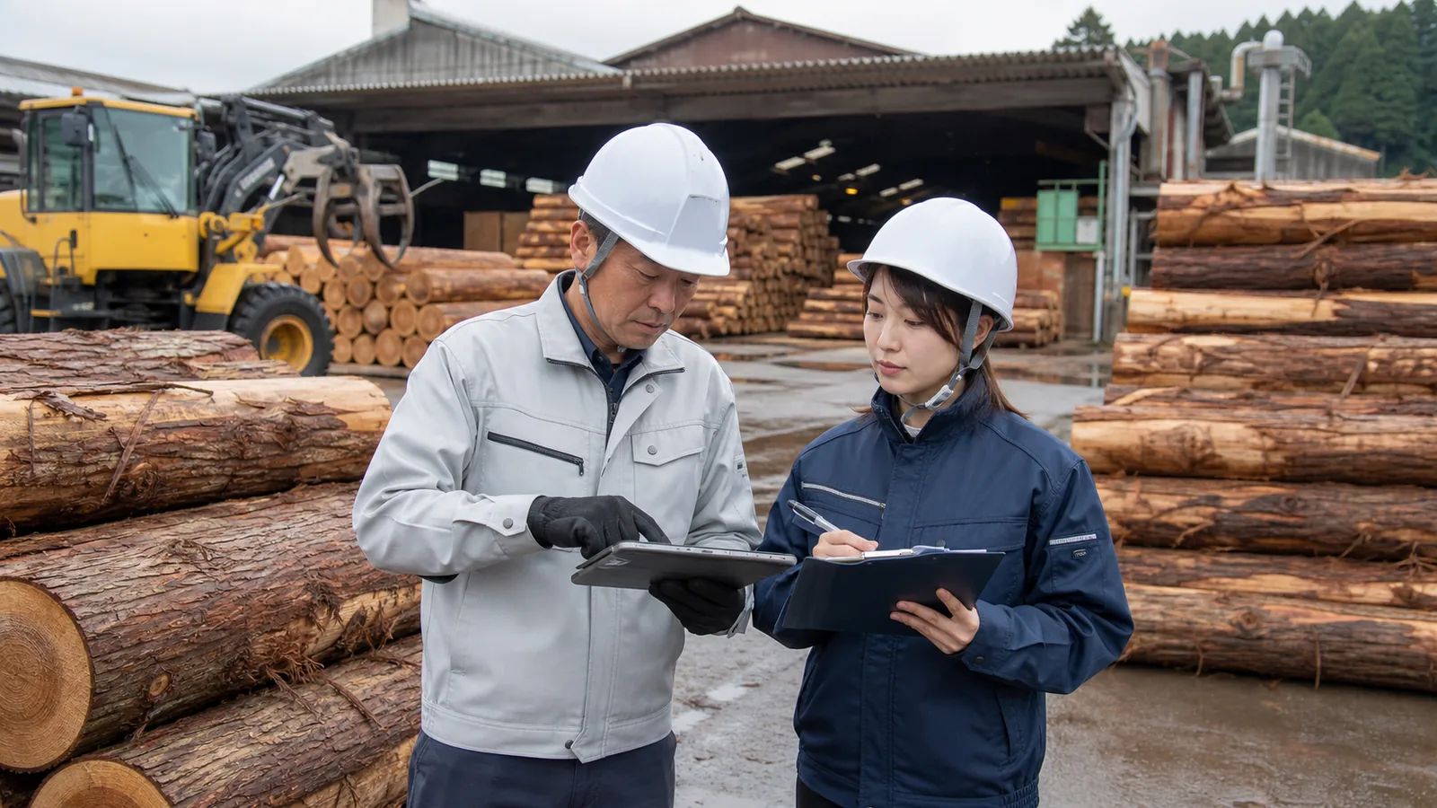 山林、施業、素材番号、材積、原木在庫、製材、販売、案件原価を照合する図