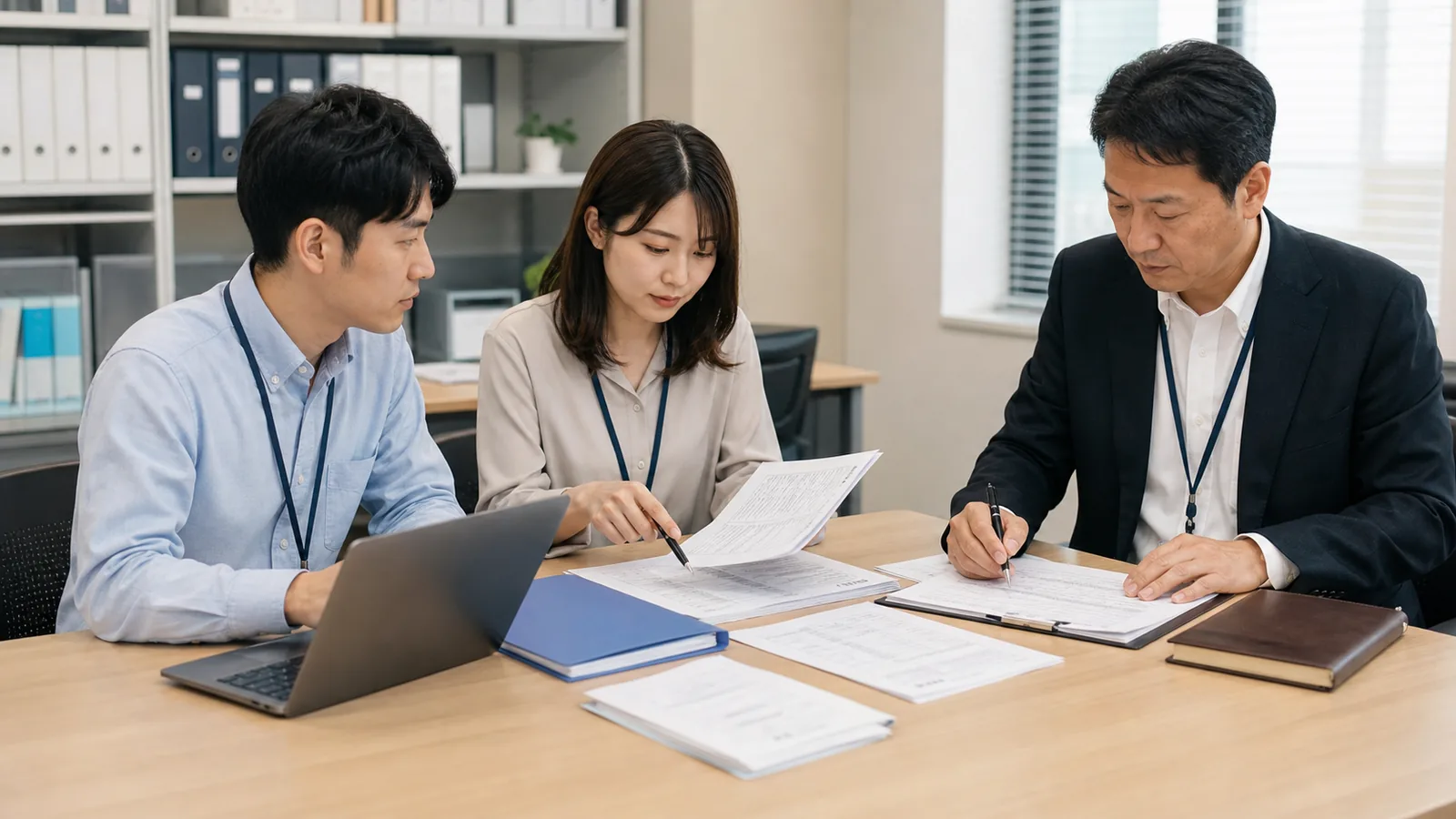 経理処理の誤りと修正履歴を担当者同士で確認する様子