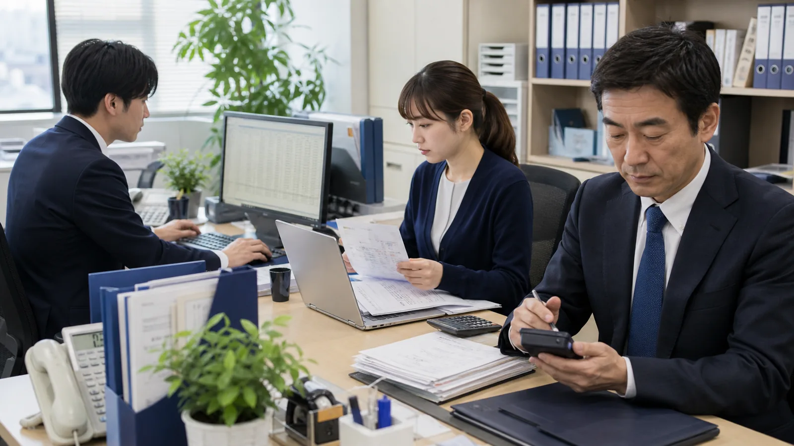 経理資料を照合する担当者と手元の端末を確認する承認担当者のイメージ