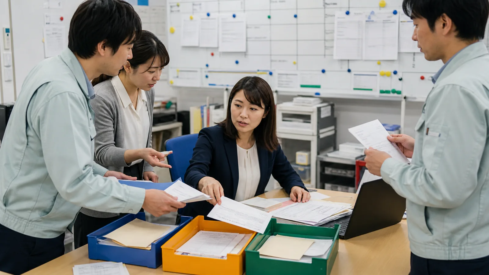 各部門の担当者が資料を持ち寄り経理担当者と確認するイメージ