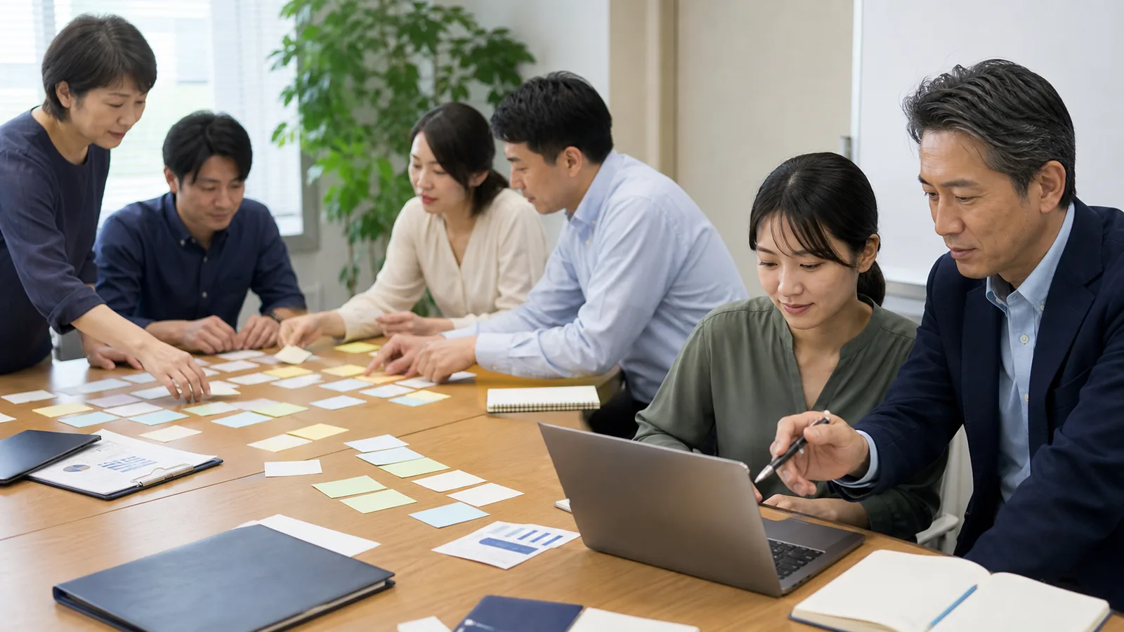 経理代行導入後の役割変更について社員と話し合う様子