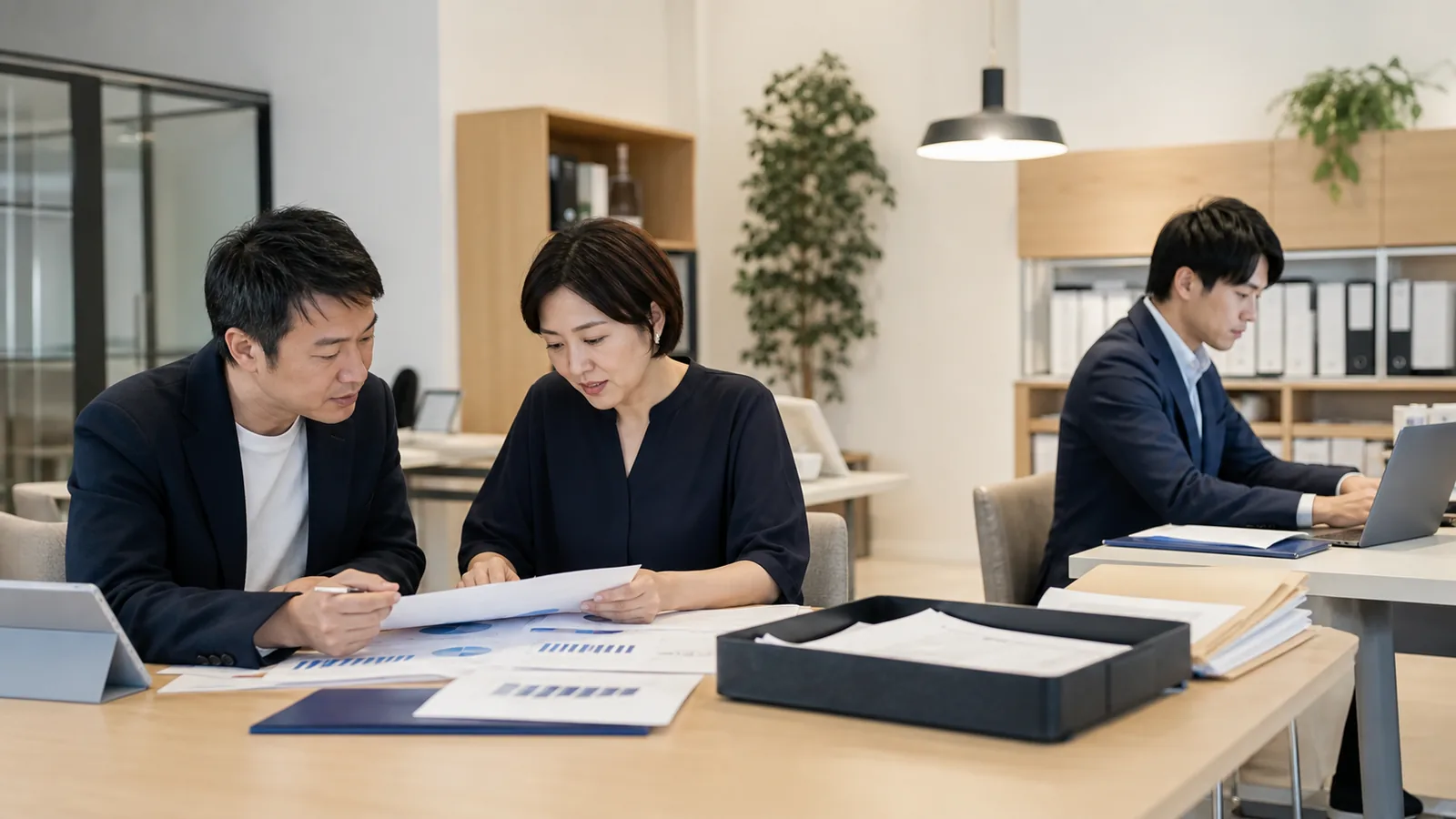 従業員数別の内製・外注設計の管理表を確認する担当者