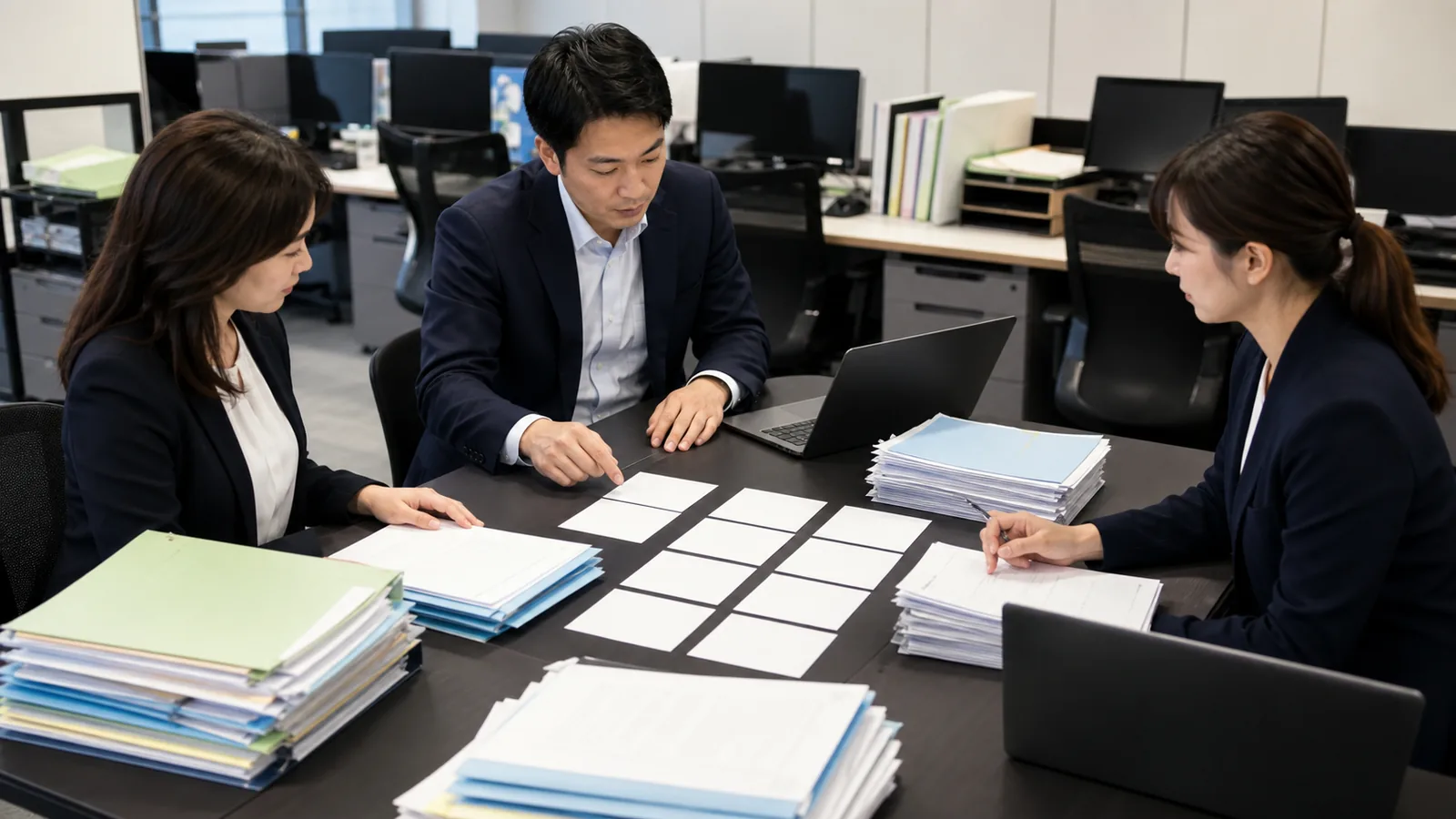 色分けされた法人別資料を並べ共通処理を話し合う三人のイメージ