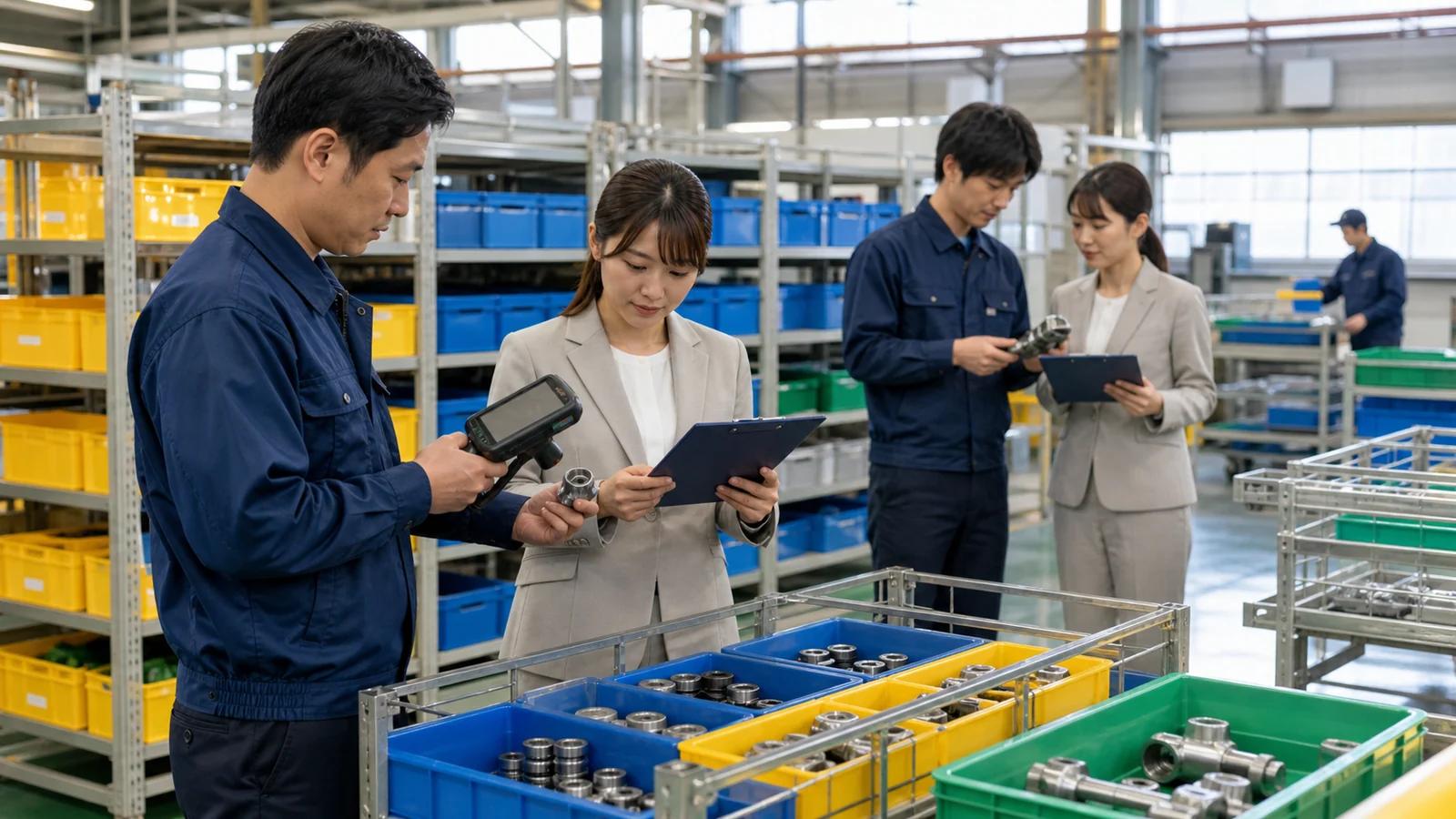 工場の部品棚で現物と記録を照合する担当者たちのイメージ