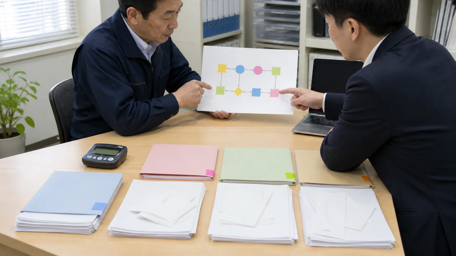 業務の流れを描いた紙と資料を使い相談する二人のイメージ
