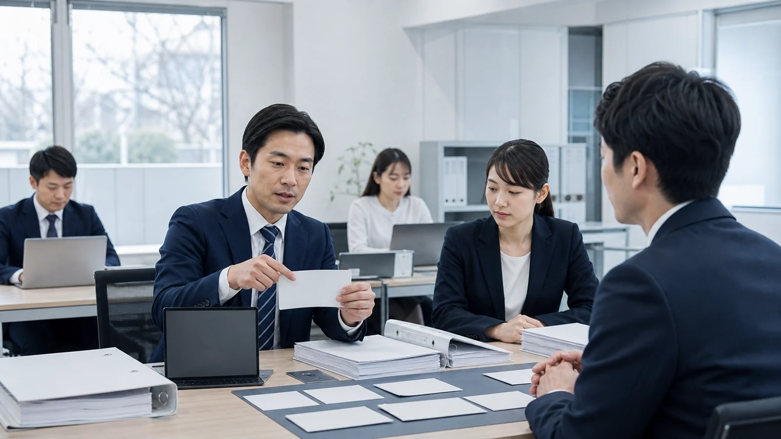 会議室で財務資料を確認する担当者たちのイメージ