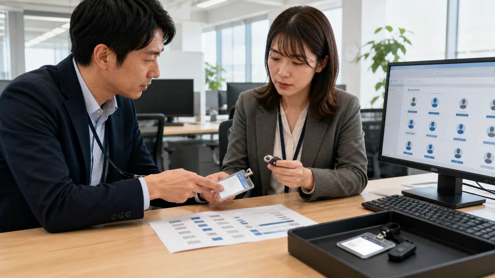 利用者の一覧と機器を二人で確認する場面のイメージ