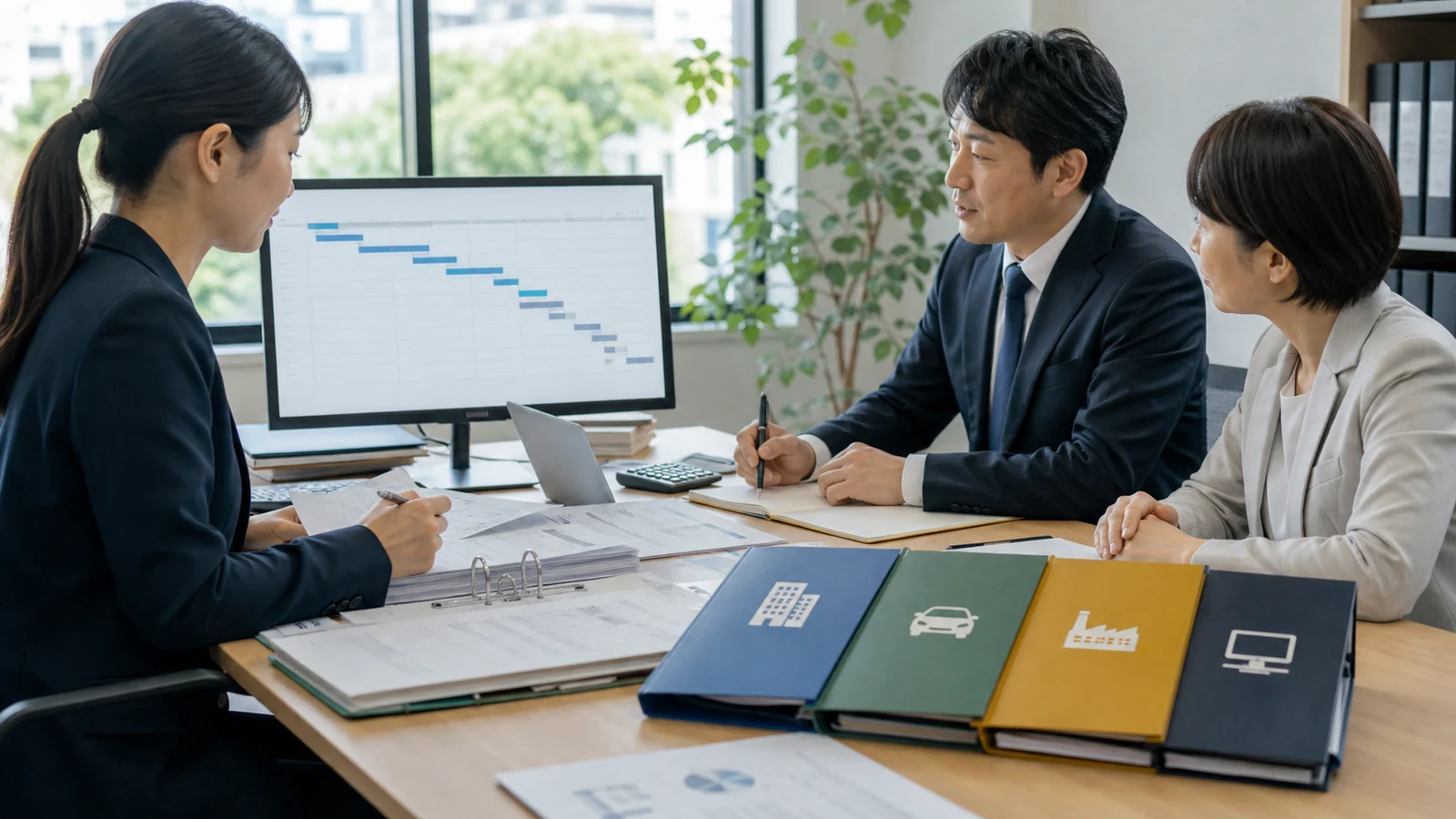 建物・車・工場・機器のファイルと工程表を確認する三人のイメージ