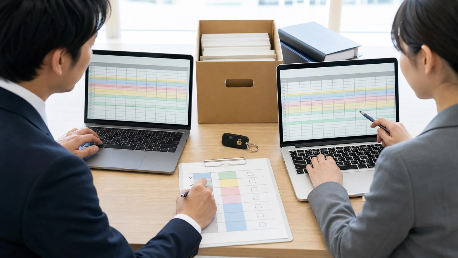 会計システムのデータ移行の管理表を確認する担当者