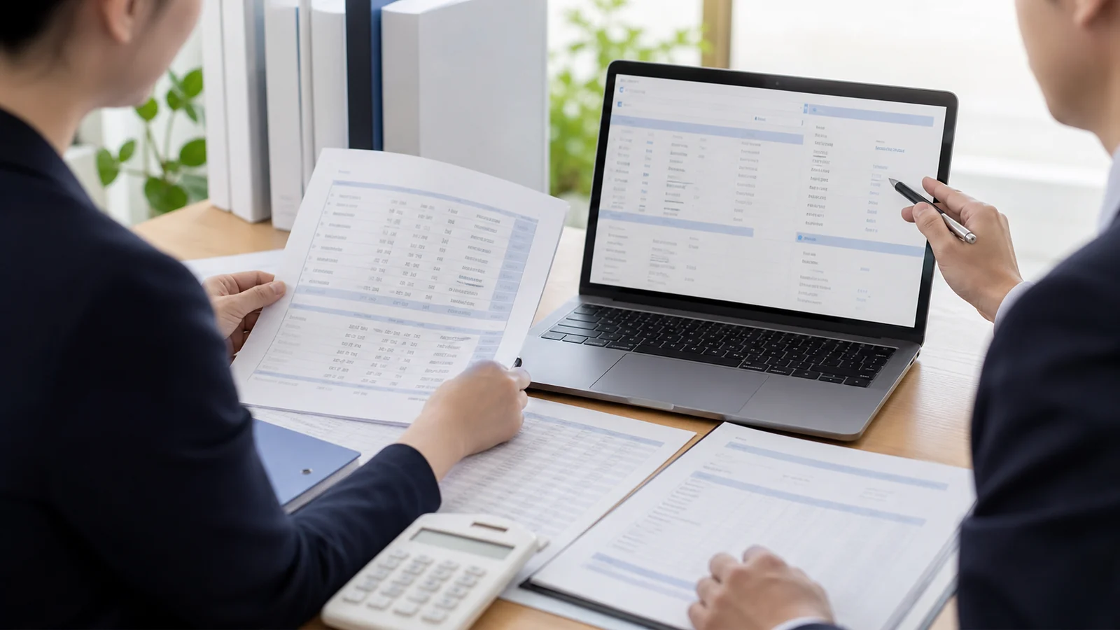 請求資料と会計画面の項目を二人で照合するイメージ