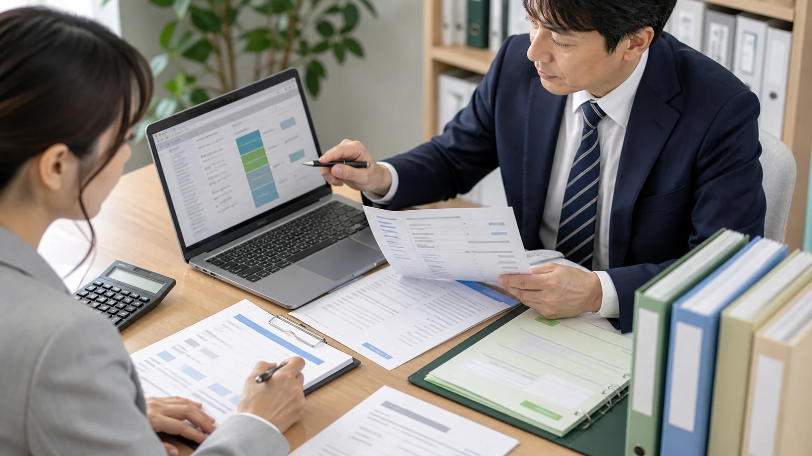 仕入先の入力画面と紙の資料を二人で確認するイメージ