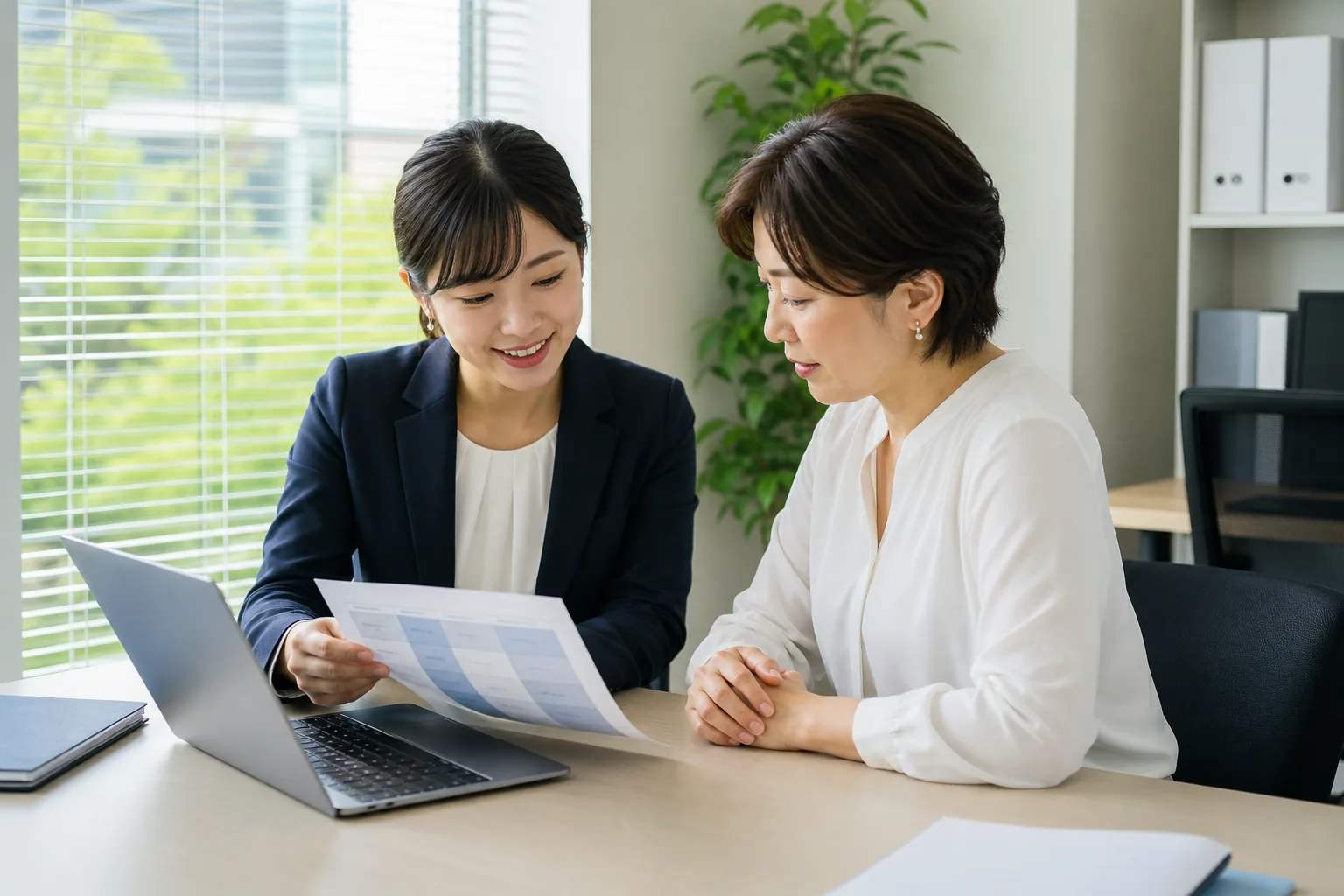 経営者と経理担当者が、経理業務の分担表を確認している様子